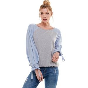 June & hudson gray/blue woven long sleeve with knit women’s top size S